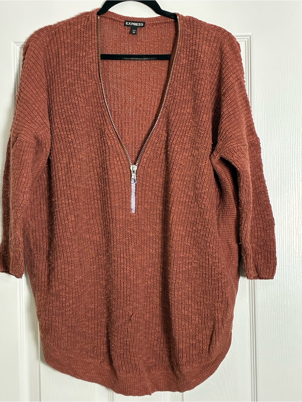 Express Women's Rusty Orange Zip V-Neck Sweater